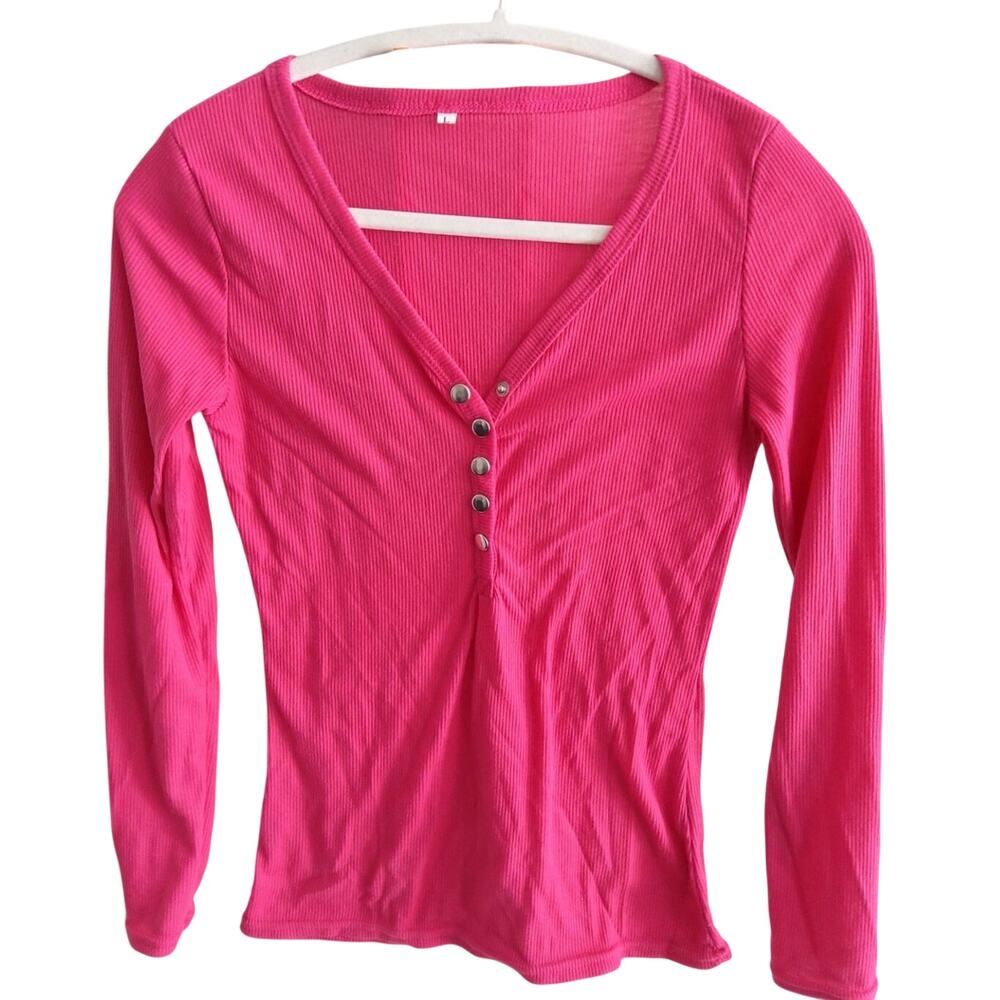 Y2K Barbiecore Henley ribbed top Bella Swan cotton pink long sleeve retro snap